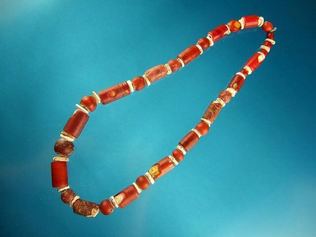 026. 25 Inch Strand Of 1800s Glass Trade Beads With Shell Disc Bead Spacers, Ohio G-9 $225.00 - SOLD